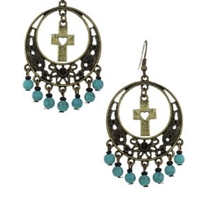Cross cut out dangle beaded turquoise earrings